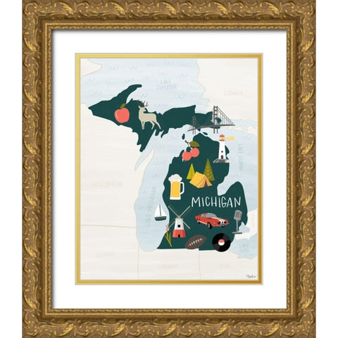 Michigan Icons Gold Ornate Wood Framed Art Print with Double Matting by Louise, Gigi