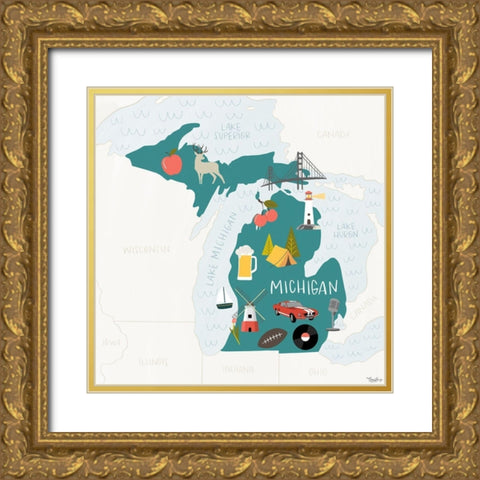 Michigan Icons Gold Ornate Wood Framed Art Print with Double Matting by Louise, Gigi