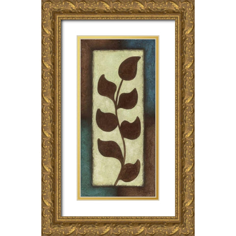 Blue and Brown Leaves Tall - Left Gold Ornate Wood Framed Art Print with Double Matting by Emery, Kristin