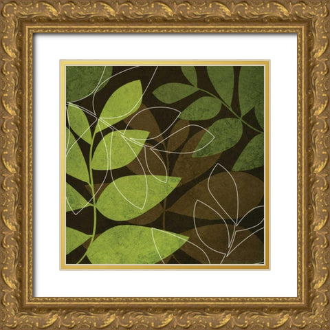 Green and Brown Leaves I Gold Ornate Wood Framed Art Print with Double Matting by Emery, Kristin
