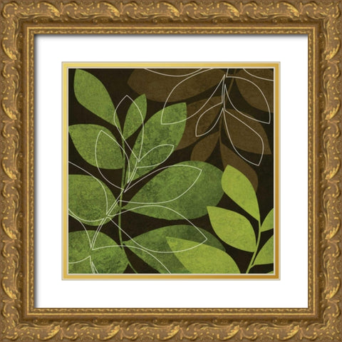 Green and Brown Leaves II Gold Ornate Wood Framed Art Print with Double Matting by Emery, Kristin