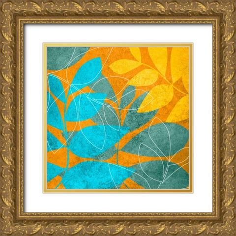 Aqua Leaves 1 Gold Ornate Wood Framed Art Print with Double Matting by Emery, Kristin