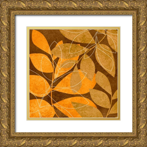 Orange Leaves II Gold Ornate Wood Framed Art Print with Double Matting by Emery, Kristin