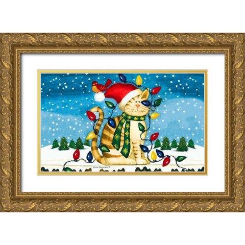 Christmas Cat Gold Ornate Wood Framed Art Print with Double Matting by Korsgaden, Laurie