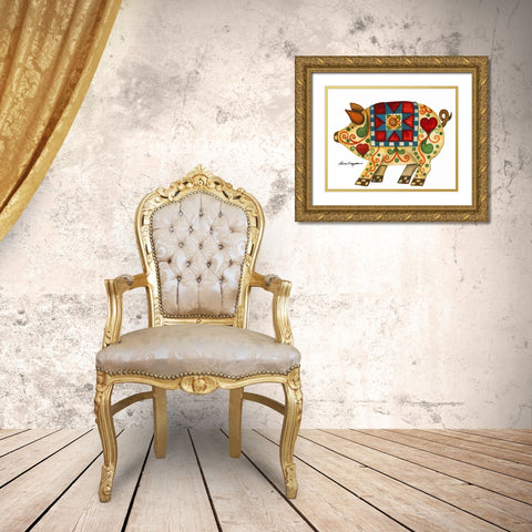 Festive Pig Gold Ornate Wood Framed Art Print with Double Matting by Korsgaden, Laurie