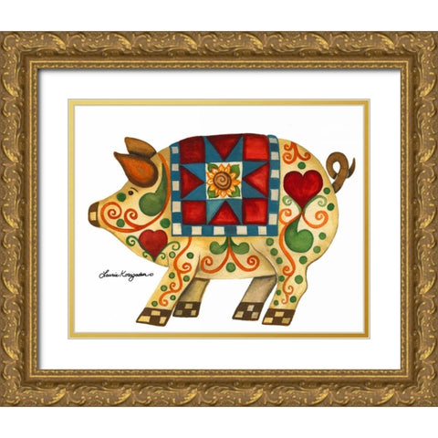 Festive Pig Gold Ornate Wood Framed Art Print with Double Matting by Korsgaden, Laurie