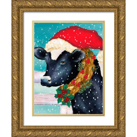 Christmas Cow Vertical Gold Ornate Wood Framed Art Print with Double Matting by Korsgaden, Laurie