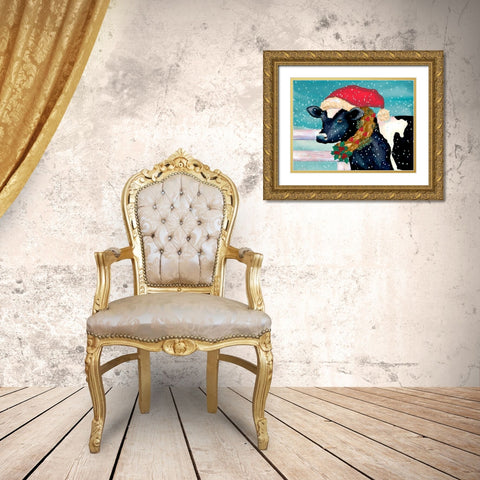 Christmas Cow Gold Ornate Wood Framed Art Print with Double Matting by Korsgaden, Laurie