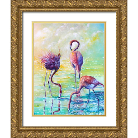 Flamingo Family 1 Gold Ornate Wood Framed Art Print with Double Matting by Colberg, Lisa