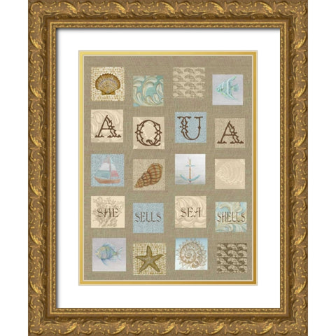 Aqua Tiles Gold Ornate Wood Framed Art Print with Double Matting by Rossi, Lorraine