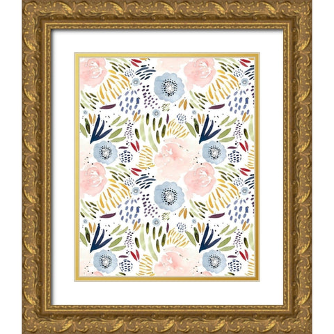 Floral Pink Blue Gold Ornate Wood Framed Art Print with Double Matting by Straatsma, Leah