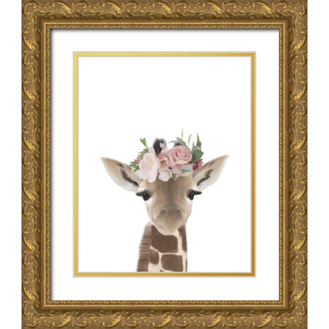 Floral Giraffe Gold Ornate Wood Framed Art Print with Double Matting by Straatsma, Leah