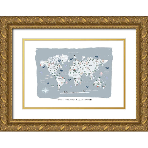 World Continents Map Gold Ornate Wood Framed Art Print with Double Matting by Straatsma, Leah