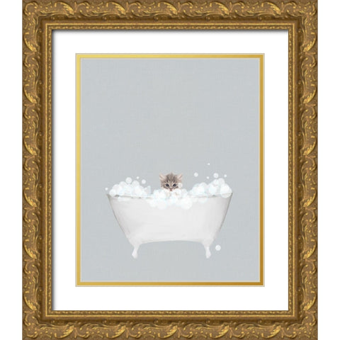Kitten Blue Bath Gold Ornate Wood Framed Art Print with Double Matting by Straatsma, Leah