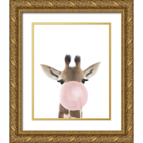 Giraffe Bubble Gum Gold Ornate Wood Framed Art Print with Double Matting by Straatsma, Leah