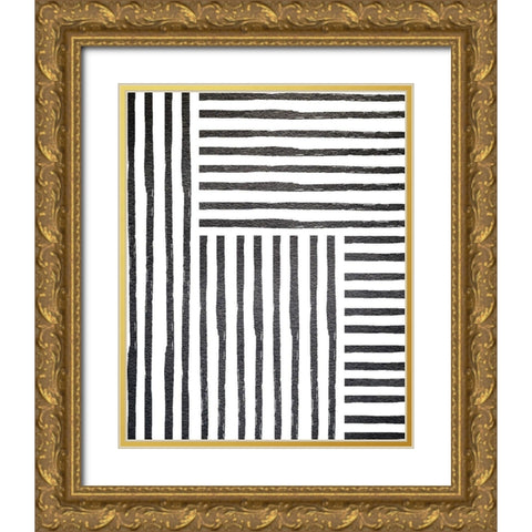 Black White Stipes Gold Ornate Wood Framed Art Print with Double Matting by Straatsma, Leah