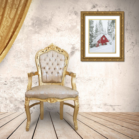 Red Winter Cabin Gold Ornate Wood Framed Art Print with Double Matting by Straatsma, Leah