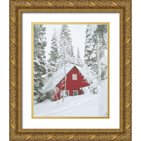 Red Winter Cabin Gold Ornate Wood Framed Art Print with Double Matting by Straatsma, Leah