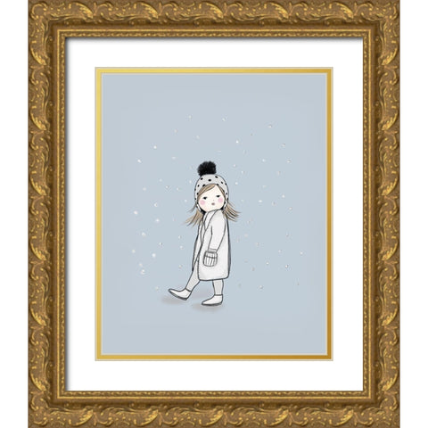 Girl Walking in Snow Gold Ornate Wood Framed Art Print with Double Matting by Straatsma, Leah