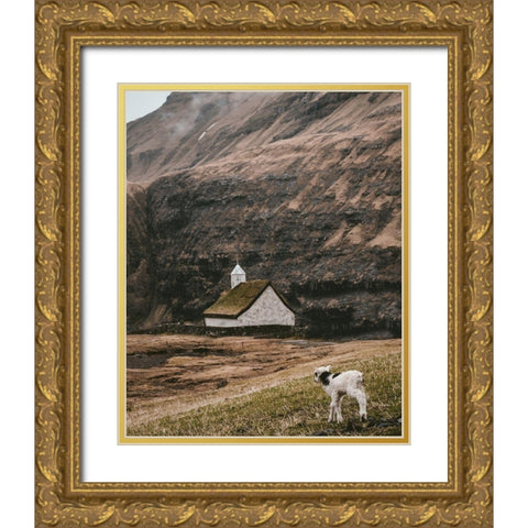 Moody Lanscape with Sheep and Chapel Barn Gold Ornate Wood Framed Art Print with Double Matting by Straatsma, Leah