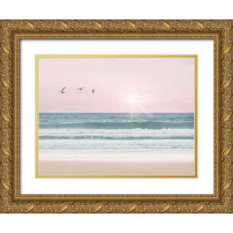 Pinky Beach With Birds Gold Ornate Wood Framed Art Print with Double Matting by Straatsma, Leah
