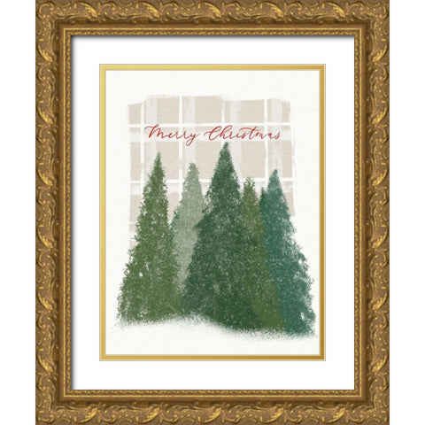 Plaid Trees Merry Christmas Gold Ornate Wood Framed Art Print with Double Matting by Straatsma, Leah