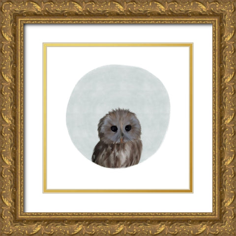 Baby Owl Circle Gray Gold Ornate Wood Framed Art Print with Double Matting by Straatsma, Leah