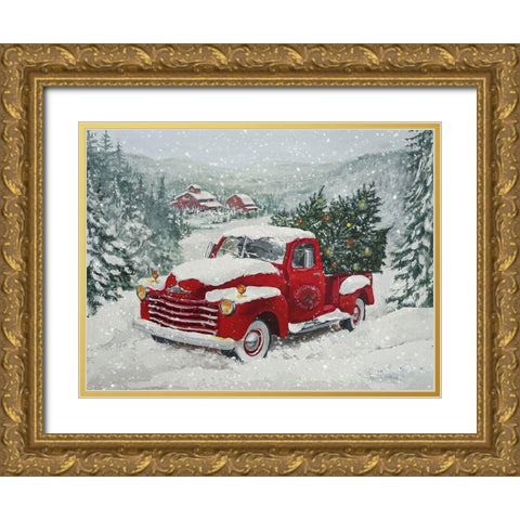 X-Mas Truck Pine Wood Gold Ornate Wood Framed Art Print with Double Matting by Holzner, Renate