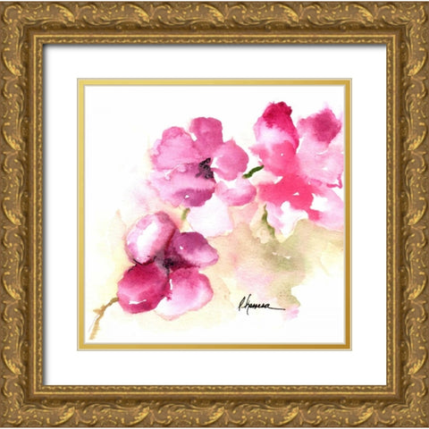 Pink Posies Gold Ornate Wood Framed Art Print with Double Matting by May