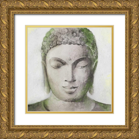 Peaceful Buddha Green Gold Ornate Wood Framed Art Print with Double Matting by Isabella