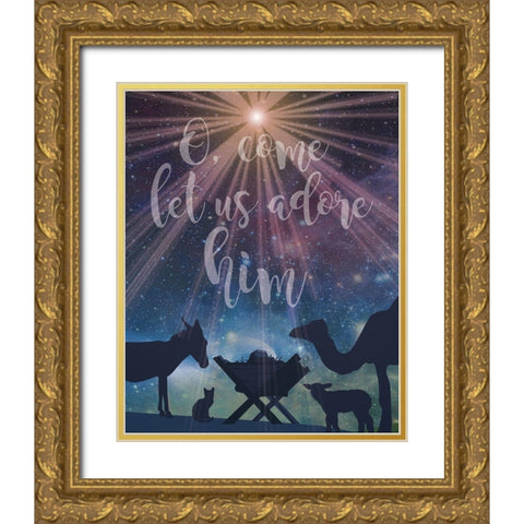 Christmas Manger Adore Gold Ornate Wood Framed Art Print with Double Matting by Hogan, Melody