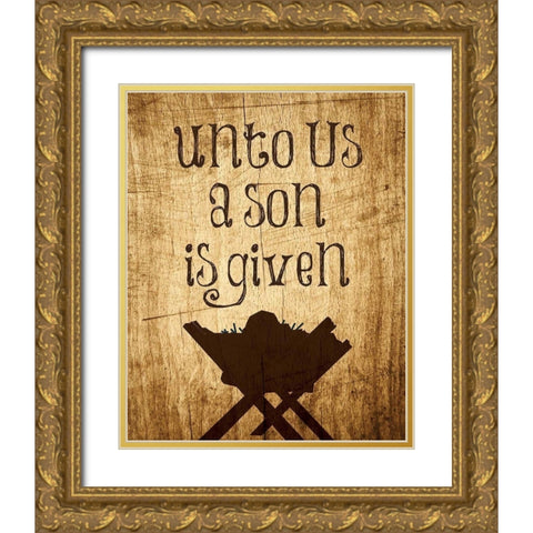 Unto Us Manger 2 Gold Ornate Wood Framed Art Print with Double Matting by Hogan, Melody