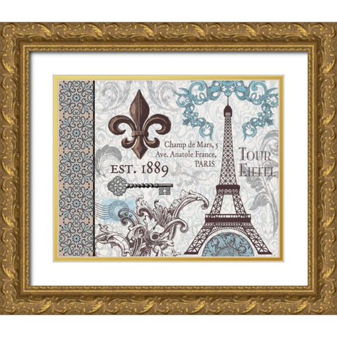Paris Pair Rect Blue Brown 2 Gold Ornate Wood Framed Art Print with Double Matting by Hogan, Melody