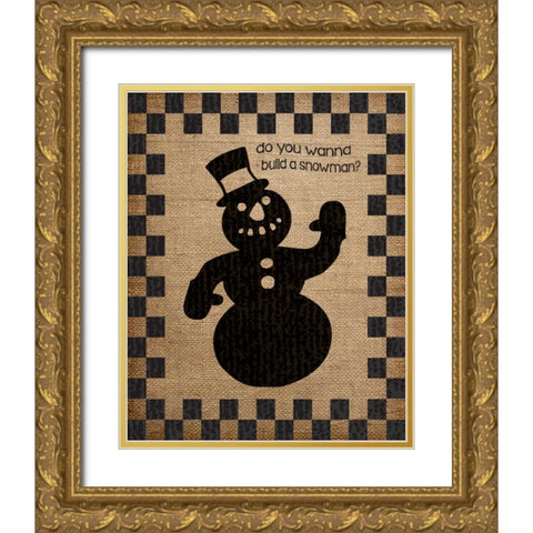 Burlap Christmas Snowman Gold Ornate Wood Framed Art Print with Double Matting by Hogan, Melody