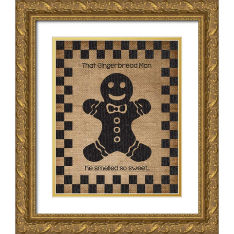 Burlap Christmas Gingerbread Man Gold Ornate Wood Framed Art Print with Double Matting by Hogan, Melody
