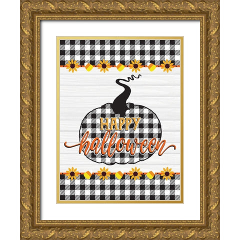 Happy Halloween Buffalo Plaid 1 Gold Ornate Wood Framed Art Print with Double Matting by Hogan, Melody