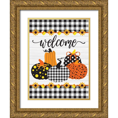 Welcome Pumpkins Buffalo Plaid 3 Gold Ornate Wood Framed Art Print with Double Matting by Hogan, Melody