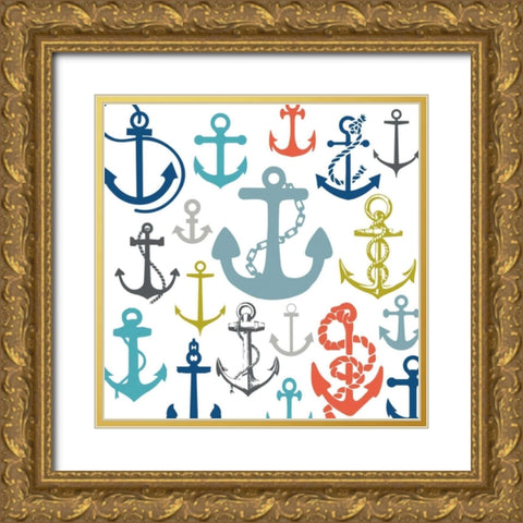 Coastal Anchors Gold Ornate Wood Framed Art Print with Double Matting by Hogan, Melody