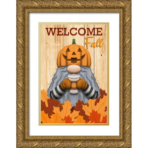 Gnome Welcome Fall Gold Ornate Wood Framed Art Print with Double Matting by Prime, Marcus