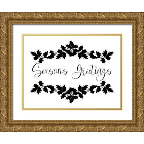 Seasons Greetings Holly Gold Ornate Wood Framed Art Print with Double Matting by Prime, Marcus