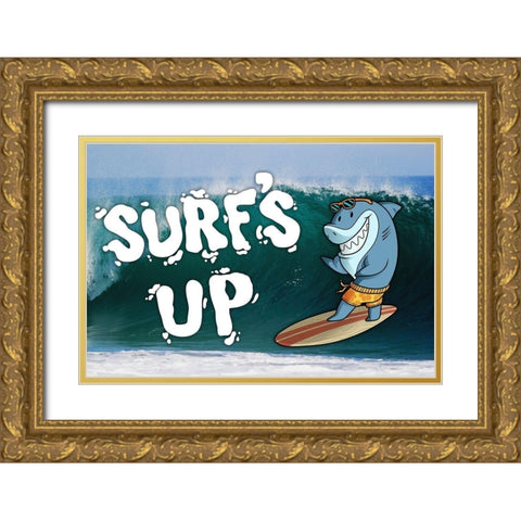 Surfs Up Shark Gold Ornate Wood Framed Art Print with Double Matting by Prime, Marcus