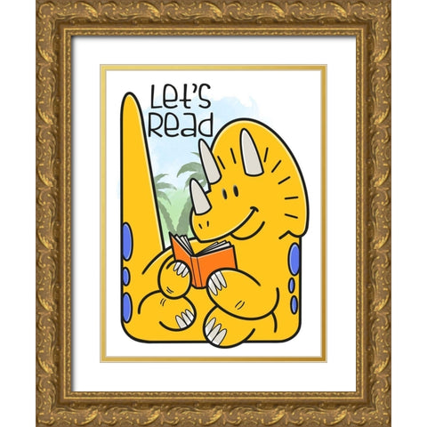 Dino Reading Gold Ornate Wood Framed Art Print with Double Matting by Prime, Marcus