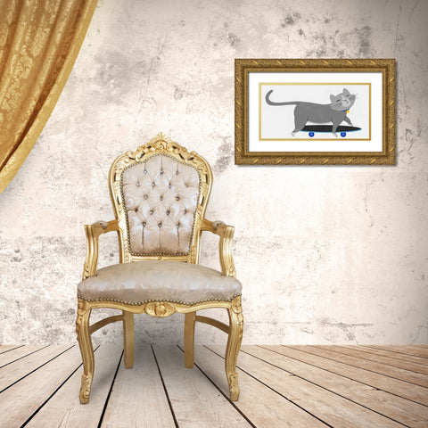 Skateboarding Cat Gold Ornate Wood Framed Art Print with Double Matting by Prime, Marcus
