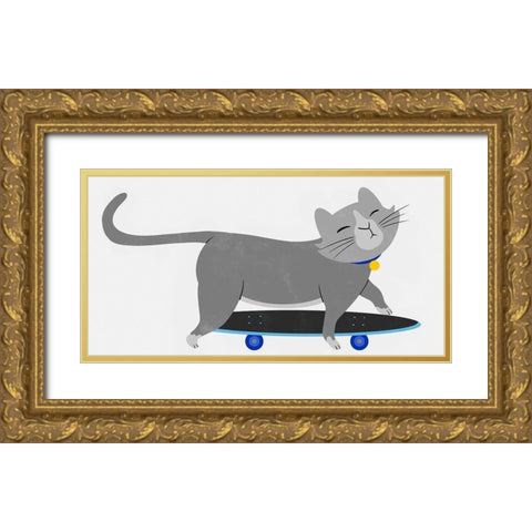 Skateboarding Cat Gold Ornate Wood Framed Art Print with Double Matting by Prime, Marcus