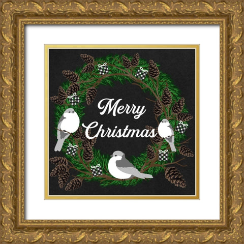 Merry Christmas Birds Gold Ornate Wood Framed Art Print with Double Matting by Prime, Marcus