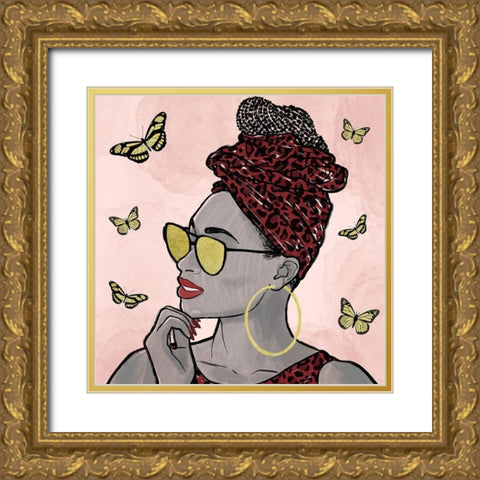 Crimson Leopard And Butterfly Fashion Gold Ornate Wood Framed Art Print with Double Matting by Prime, Marcus
