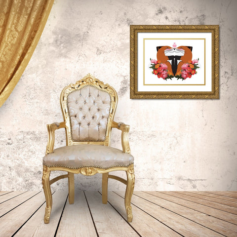 Fox Hug Flowers Gold Ornate Wood Framed Art Print with Double Matting by Villa, Mlli