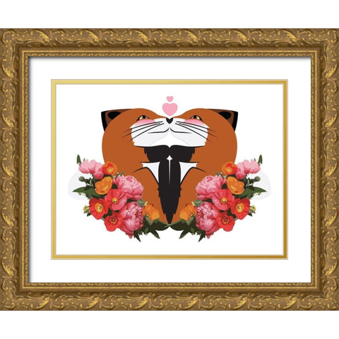 Fox Hug Flowers Gold Ornate Wood Framed Art Print with Double Matting by Villa, Mlli