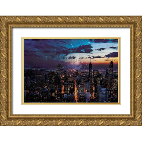 Chicago Skyline Gold Ornate Wood Framed Art Print with Double Matting by Villa, Mlli