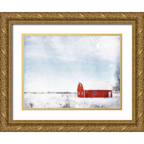 Barn In The Snow Gold Ornate Wood Framed Art Print with Double Matting by Villa, Mlli
